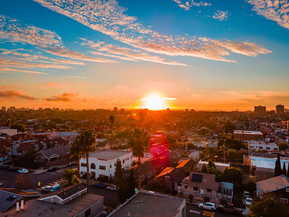 aerial sunset view from north park towards downtown san diego